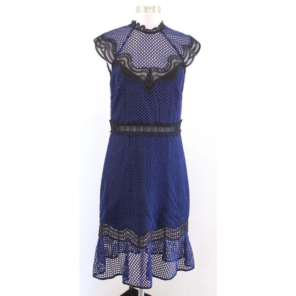 Saylor Free People Navy Blue Black Lace Ruffle Open Back Dress Size L Cocktail